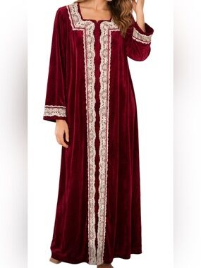 Vintage Olga Burgundy Velour House Dress Robe White Lace Small
